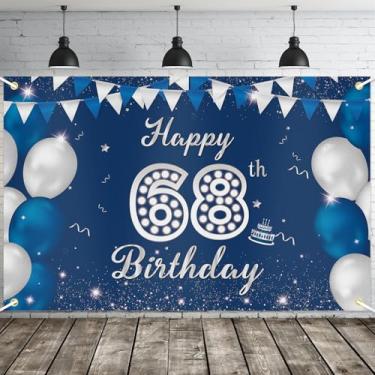 Imagem de JOYKY Banner de feliz aniversário de 68 anos, decoração de fundo azul prata feliz 68º aniversário para homens, artigos de aniversário de 68 anos, decoração de pano de fundo, 15 x 9 metros
