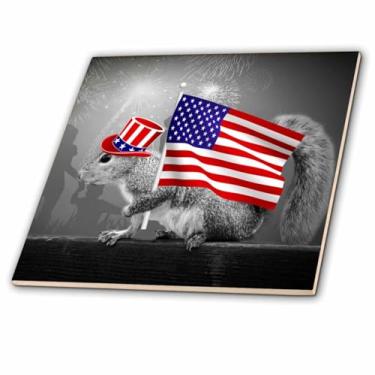 Imagem de 3dRose Este lindo esquilo patriótico é um americano orgulhoso com chapéu e bandeira de seu tio Sam. - Azulejo de cerâmica, 8" (ct_150170_3)