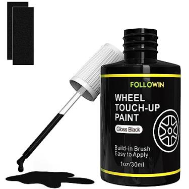 Imagem de FOLLOWIN Tinta de retoque de aro preto brilhante para carros, kit de reparo de pintura de roda preta, reparo de arranhões de aro automotivo, kit de pintura de retoque com pincel, reparo de erupção