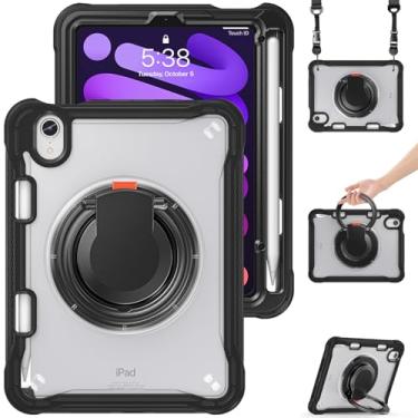 Imagem de Dteck Capa protetora para iPad Mini (A17 Pro/A15 Bionic) 7/6ª geração 8,3 polegadas (2024/2021), capa protetora traseira com suporte/alça, suporte de lápis/alça de ombro, capa portátil leve, preta