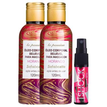 Imagem de Kit 2 Óleo beijável Massagem Morango + 1 Óleo Spray Shock Plus Morango