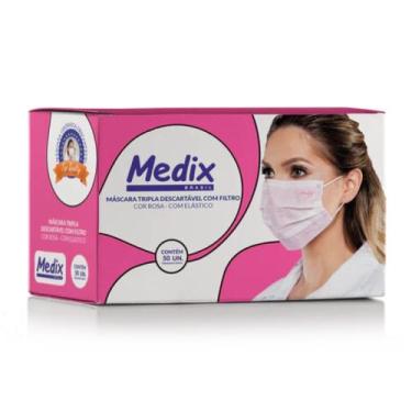 Imagem de Máscara Descartável Tripla Camada Com 50 Cor Rosa - Medix