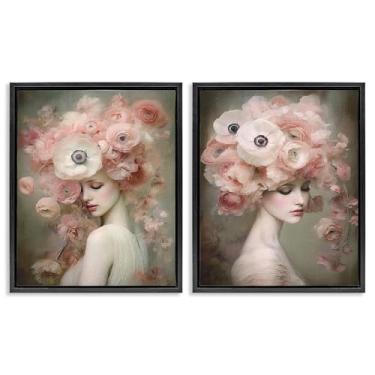 Imagem de Stupell Industries Conjunto de arte de parede em tela flutuante, 2 peças, coral, blush, feminino, figura feminina, design de RileyB, moldura flutuante preta, 78 x 63 cm