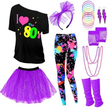Imagem de Vabean Conjunto de 19 peças, fantasia dos anos 80, leggings, saia tutu, faixa de cabeça, colar, pulseiras, brincos, luvas, polainas femininas, Roxa, Small