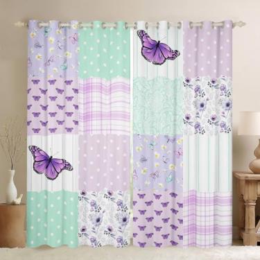 Imagem de Cortinas de janela de borboleta para crianças, margarida paisley, boho, flores, cortinas de janela para meninas, meninos e adultos, xadrez geométrico, moderno, roxo, romântico, tratamentos de janela