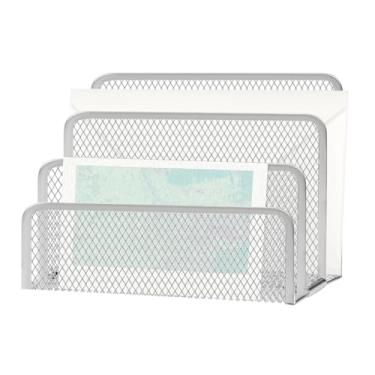 Imagem de Organizador de arquivos de mesa vertical de escritório, bancada organizadora de malha de metal com 3 compartimentos, suporte de arquivo de correio multifuncional para pastas de arquivamento de letras