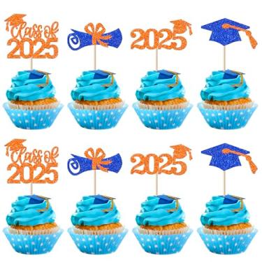 Imagem de Rsstarxi 36 Pack Class of 2023 Graduation Cupcake Toppers Glitter 2023 Graduation Cap Diploma Cupcake Picks 2023 Graduation Mini Cake Decorations for 2023 Graduation Party Supplies Orange Blue