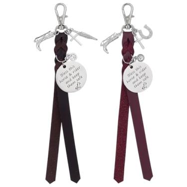 Imagem de DELORIGIN 2 peças de pingente de sela abençoe este cavalo e cavaleiro e mantenha-os seguros, clipe de freio redondo, cordas de sela, enfeite para pendurar pingente de equitação para amantes de cavalos