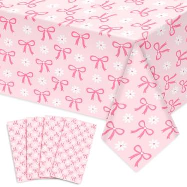 Imagem de FYSUIMU 4 peças de toalha de mesa de plástico descartável com laço rosa com laço de margarida, 137 x 272 cm, toalha de mesa de plástico para aniversário, chá de bebê, despedida de solteira