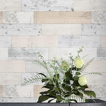 Imagem de Papel de parede autoadesivo VBS Peel & Stick Tábuas de madeira recuperada (49,8 cm x 299,7 cm) para móveis decoração de casa de fazenda, painel floral branco bege vintage