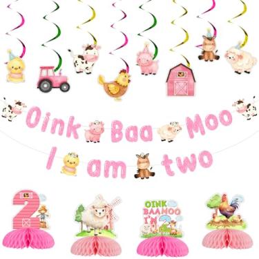 Imagem de JOYMEMO Decorações de festa de aniversário de animais de fazenda rosa menina, Oink Baa Moo Im Two Banner, redemoinhos pendurados, centros de mesa de favo de mel, tema de celeiro de fazenda