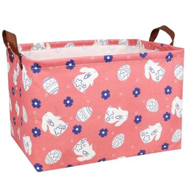 Imagem de BOAMAU Grande Cesta Retangular Fofa De Páscoa Para Crianças, Ovos Coelho Vazios, Presente Primavera, Organizador Armazenamento Quarto, Decoração (Fundo Rosa Coelho)