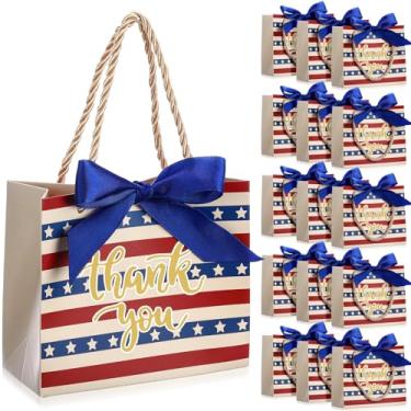 Imagem de Moinchore 40 peças de sacos de presente de agradecimento do Dia da Independência com alças, sacos Kraft patrióticos, embalagem patriótica, sacola a granel com fita de laço para 4 de julho, suprimentos