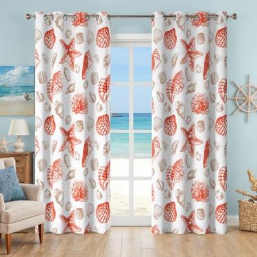 Imagem de Cortinas e cortinas de praia costeira 213 cm de comprimento, ilhós, padrão náutico, estrela-do-mar, oceano, isolamento térmico, 50% bloqueio de luz, cortinas de escurecimento de janela para sala de