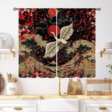 Imagem de Cortinas japonesas, ameixa vermelha flor de cerejeira floral estilo pintura asiática guindaste dourado grande onda estilo japonês cortinas para quarto sala de estar banheiro janela tratamento 69,8 cm