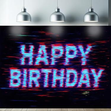 Imagem de Starlit Patio Tapeçaria Glitch Happy Birthday 78 x 59 polegadas Cyberpunk Blacklight UV Reactive Banner para crianças adultos neon que brilha no escuro decorações trippy pano de fundo decoração