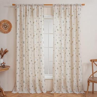 Imagem de LOHUT Cortinas de linho 96 polegadas Boho drapeadas margaridas bordadas fazenda tratamentos de janela bege cortinas florais 2 painéis Rod bolso filtro de luz para sala de estar quarto