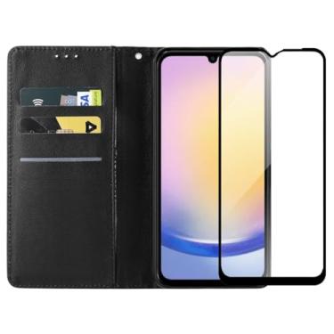 Imagem de Capa Carteira Flip Case para Samsung Galaxy A25 com Película de Vidro Temperado 3D, Proteção de Câmera, Preto