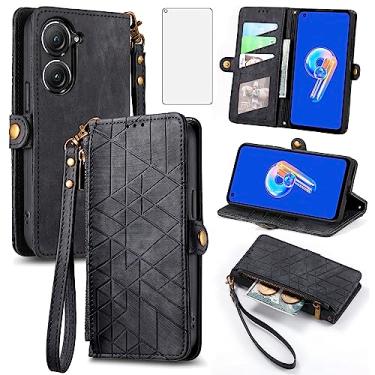 Imagem de Asuwish Capa de celular para Asus ZenFone 9 capa carteira com protetor de tela de vidro temperado e alça de pulso couro flip zíper suporte suporte para cartão de crédito acessórios para celular
