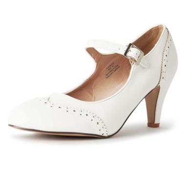 Imagem de J. Adams Mary Jane Oxford Pumps - Saltos de gatinho baixos bonitos - Sapato de bico redondo retrô com tira no tornozelo - Kym, White Pu, 6