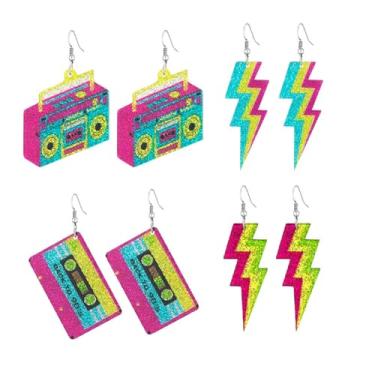 Imagem de Dreuyet 4 pares de brincos de acrílico retrô dos anos 70, 80, 90, fita cassete, brincos femininos coloridos geométricos de neon para roupa dos anos 80, acessórios de festa de Halloween, joias, Middle