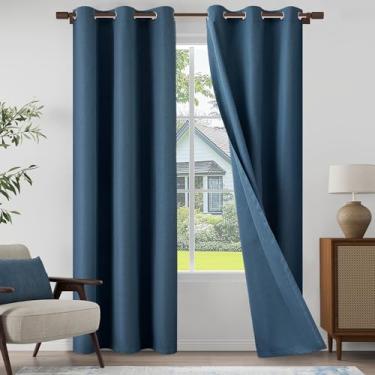 Imagem de Cortinas texturizadas de linho 100% blecaute azul escuro para sala de estar, quarto, cortinas leves com ilhós, proteção total de privacidade, azul escuro, 94 cm L x 213 cm C, 2 painéis