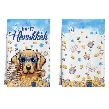 Imagem de XCHI Happy Hanukkah Dog Chanukah Menorah Seis Pontas Estrela Dreidel Chocolate Gelts Toalhas de prato 45 x 66 centímetros Decorações de cozinha para casa Conjunto de 2 panos de prato de secagem