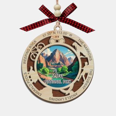 Imagem de Enfeite de Natal do Parque Nacional de Zion, design de corte a laser de madeira de 2 camadas, decoração de árvore de férias, presente de lembrança de viagem, caminhada no cânion e memória de pouso de