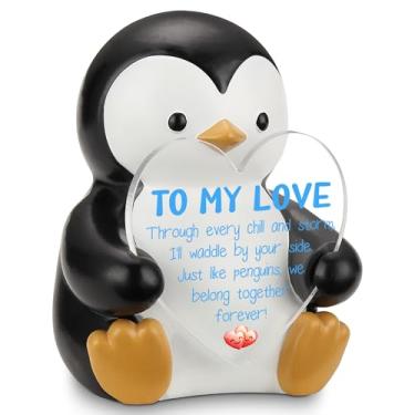 Imagem de To My Love Estatueta de pinguim, pinguim de resina fofo segurando coração placa acrílica, presente romântico para namorada, namorado, marido, esposa, lembrança de aniversário do dia dos namorados