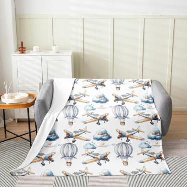 Imagem de Cobertor de flanela infantil com balões de ar quente, cobertor de avião, avião, avião, desenho animado, estrelas, nuvens, sonhador, aconchegante para cama, sofá, azul, macio e respirável, tamanho da