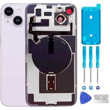 Imagem de ABUSVEX Substituição de vidro traseiro original para iPhone 14, placa e cabo flexível e todas as peças, moldura de câmera pré-instalada para iPhone 14 + ferramentas de reparo (roxa)