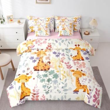 Imagem de Erosebridal Jogo de cama solteiro fofo de girafa, com estampa floral colorida, para crianças, meninas, meninos, aquarela, animais selvagens, bolsa com elástico + lençol de cima + fronhas