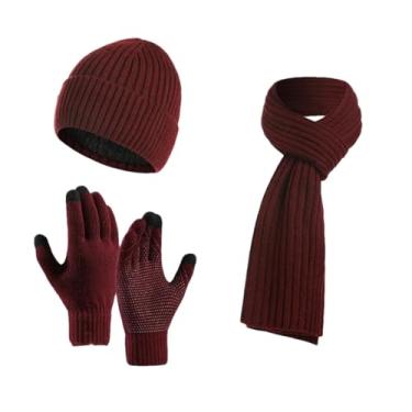 Imagem de Gorro masculino de malha quente de inverno para homens, luvas de tela sensível ao toque, para mulheres, cachecol térmico, capa de pescoço inteiro vinho