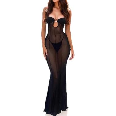 Imagem de LINNSUJH Vestidos de malha transparente para mulheres, preto, transparente, vestido maxi sexy, colado ao corpo, roupas de balada, sem alças, transparente, rabo de peixe, vestidos para festa à noite