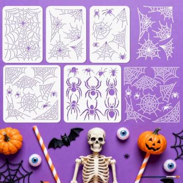 Imagem de MAYJOYDIY 5 estêncis de teia de aranha reutilizável para pintura de Halloween, modelo de desenho de inseto, com pincel para parede, móveis, papel, tela, scrapbook, decoração