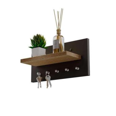 Imagem de Porta Chaves Minimalista de Parede com 5 pinos Preto e Carvalho - Merc