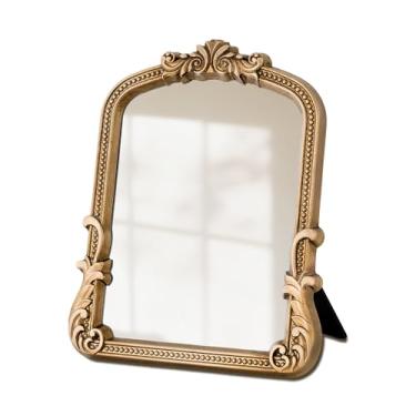 Imagem de Espelho de maquiagem vintage espelho de mesa dourado pequeno espelho de mesa de ouro arco antigo espelho de resina tradicional com suporte para mesa sala de estar quarto bancada cômoda 9,6 x 12,3
