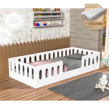 Imagem de Cama Cercadinho Infantil Mdf Helo Solteiro Com Colchão - Branca - Branco