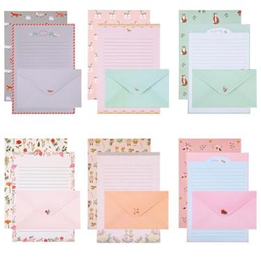 Imagem de LIQWEI 54 peças de papel de papelaria e envelopes, papel de escrita, artigos de papelaria fofos para escrita, kit de papelaria com tema floral quente, papéis forrados para convites, decorações de