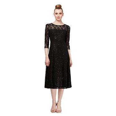 Imagem de S.L. Fashions Vestido feminino de renda com lantejoulas e manga três quartos comprimento chá, Renda preta, 46