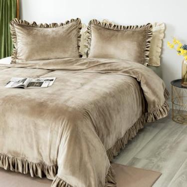 Imagem de GLORY SEASON Conjunto de capa de edredom de veludo, retrô, com babados, acabamento luxuoso, sólido, leve, camelo, fazenda, vintage, conjuntos de roupa de cama, fronhas combinando para decoração de