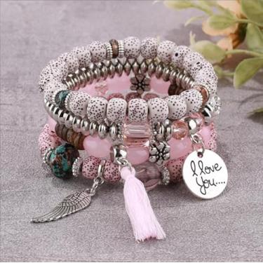 Imagem de Conjunto de pulseiras elásticas estilo boho para mulheres, com acrílico e liga metálica, Medium, Acrílico, Sem Pedra Preciosa