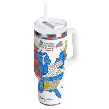 Imagem de Kigai Copo de 1,134 g com alça, copo com isolamento de mapa do mundo colorido com tampa e canudo, garrafa de água esportiva grande de metal, caneca de café de viagem de aço inoxidável