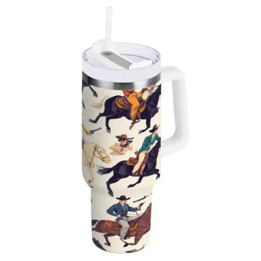 Imagem de Qilmy Copo caubói americano ocidental de 850 g com tampa e canudo, copo isolado de aço inoxidável durável à prova de vazamento com alça, garrafas de água à prova de derramamento para viagens1083