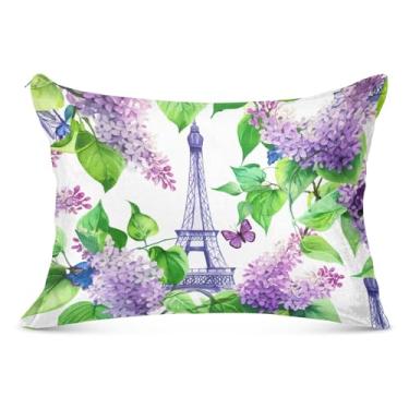 Imagem de Fronha decorativa branca lilás da Torre Eiffel com zíper para o corpo fronha padrão Queen King capa de travesseiro de cama macia, tamanho Queen, 50,8 cm x 76,2 cm