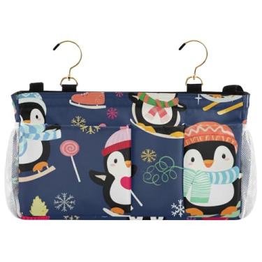 Imagem de TSENQUE Suporte para pendurar na cabeceira azul de inverno com estampa de pinguins fofos, bolsos de cama, porta-revistas de cabeceira