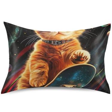 Imagem de Capas de travesseiro engraçadas de gato fofo de cetim para cabelo King Queen Capa de travesseiro padrão animal refrescante capas de almofadas decorativas, tamanho king, 101,6 cm x 50,8 cm