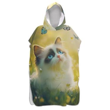 Imagem de TSENQUE Roupão fofo Ragdoll gato grama surf poncho troca de roupa para praia Adul toalha de banho leve ponchos de praia para homens