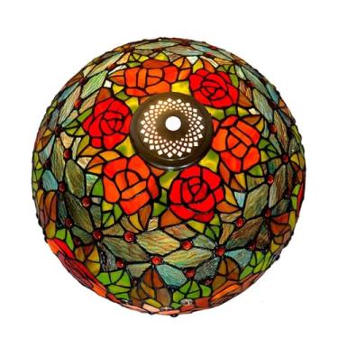 Imagem de Abajur de reposição estilo Tiffany de 16 polegadas com tampa, com estampa de rosas em vitral vermelho-alaranjado mediterrâneo. Ideal para luminárias de mesa, de leitura, de chão e de chão.