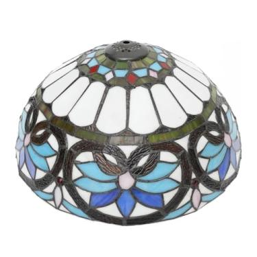 Imagem de Cúpula de reposição estilo Tiffany de 40 cm (16 polegadas) com tampa, em vitral barroco mediterrâneo branco, azul e âmbar. Ideal para luminárias de chão, mesa e leitura.